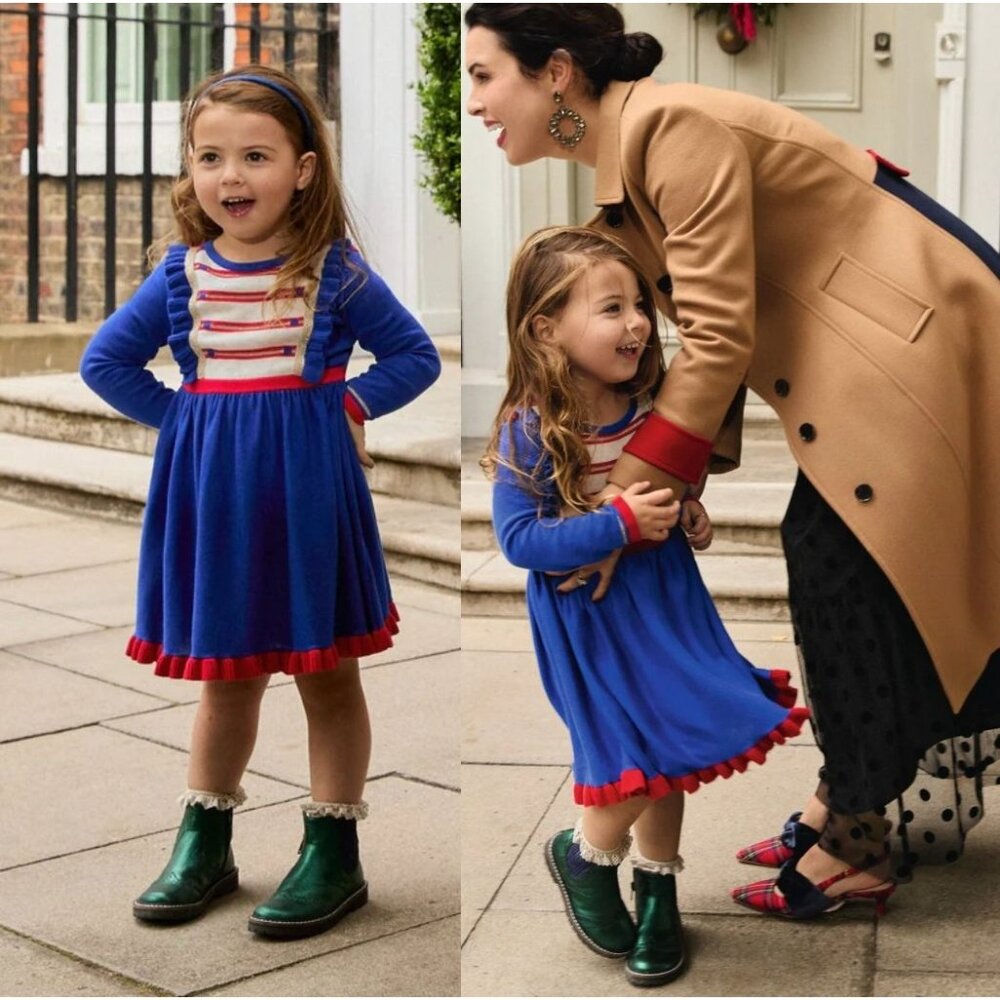 Mini Boden Nutcracker Knitted Dress Girls 2-3Y Blue Red Ruffled - Picture 1 of 5